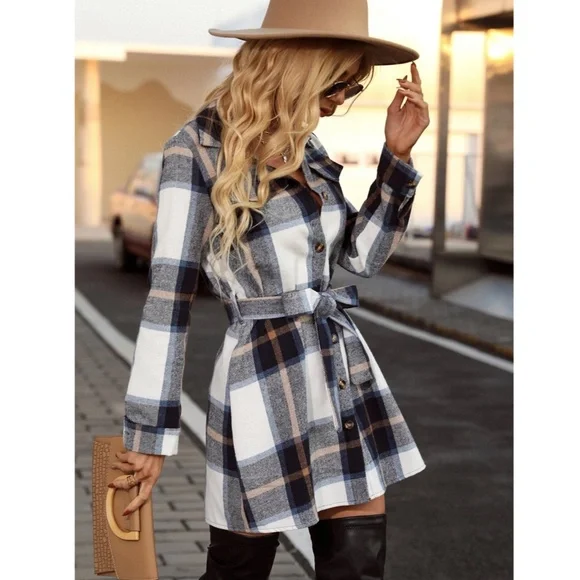 Plaid Long Sleeve Button Front Tie Belted Short Shirt Style Dress - Picture 5 of 11